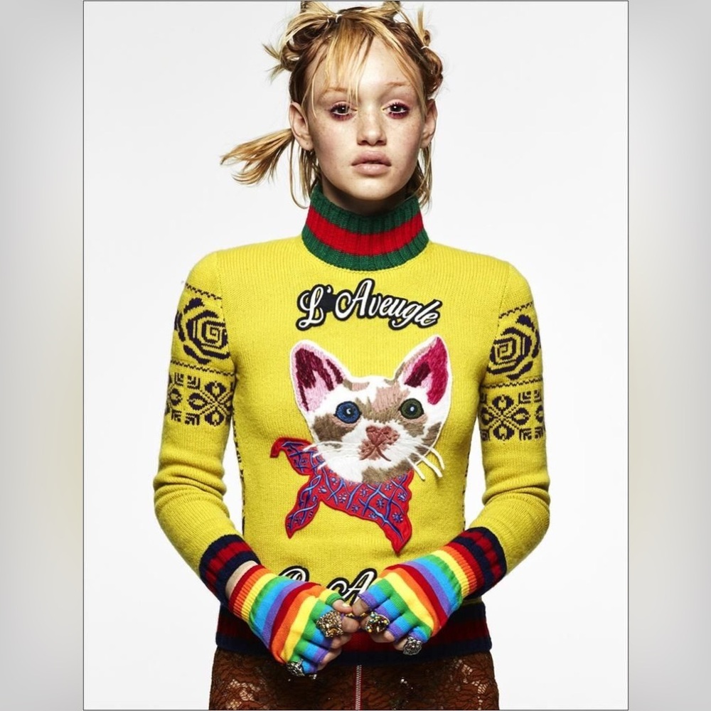 Gucci L'Aveugle Par Amour yellow wool embroidered cat sweater